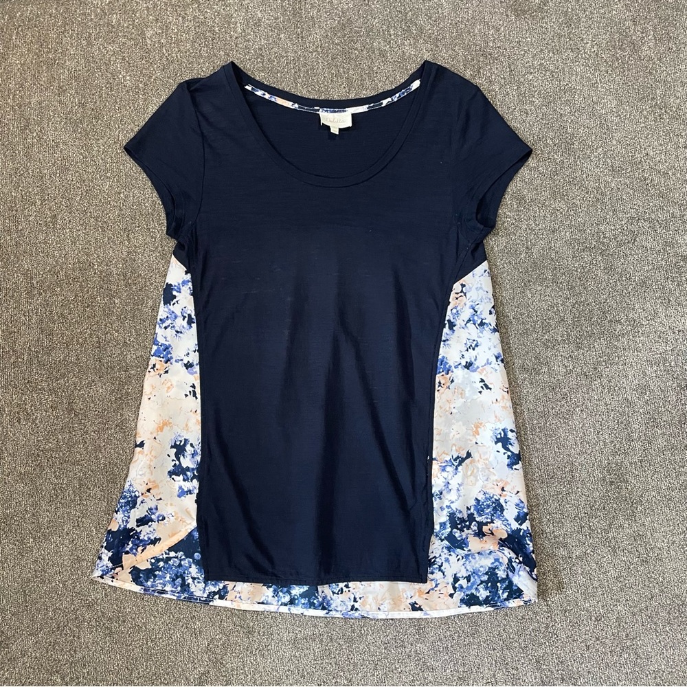 Anthropologie Deletta Floral Short Sleeve Top,  Navy Blue, Size Medium